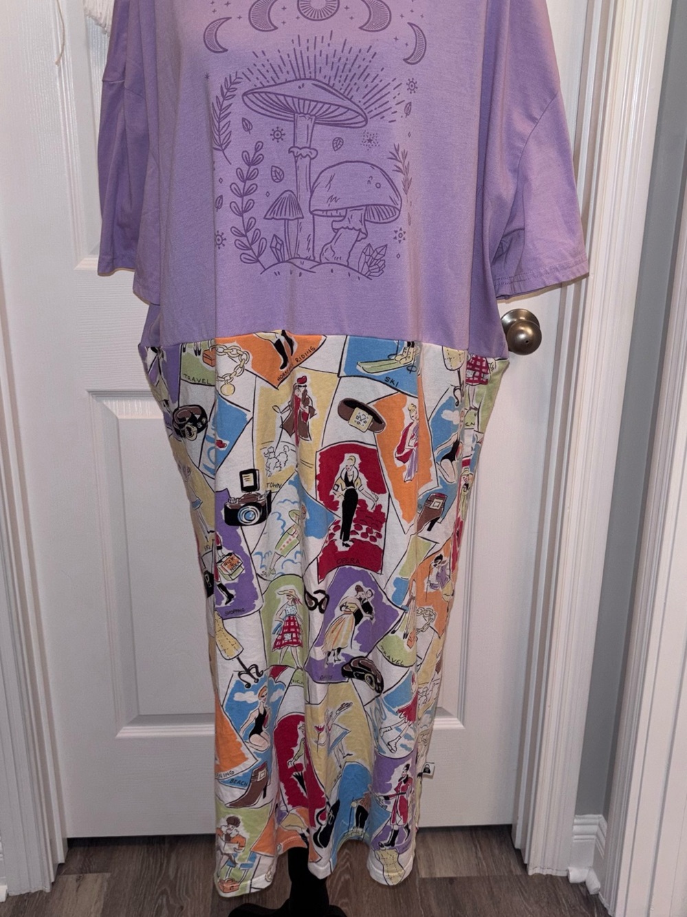 Upcycled abstract t-shirt dress with mushrooms oversized XL